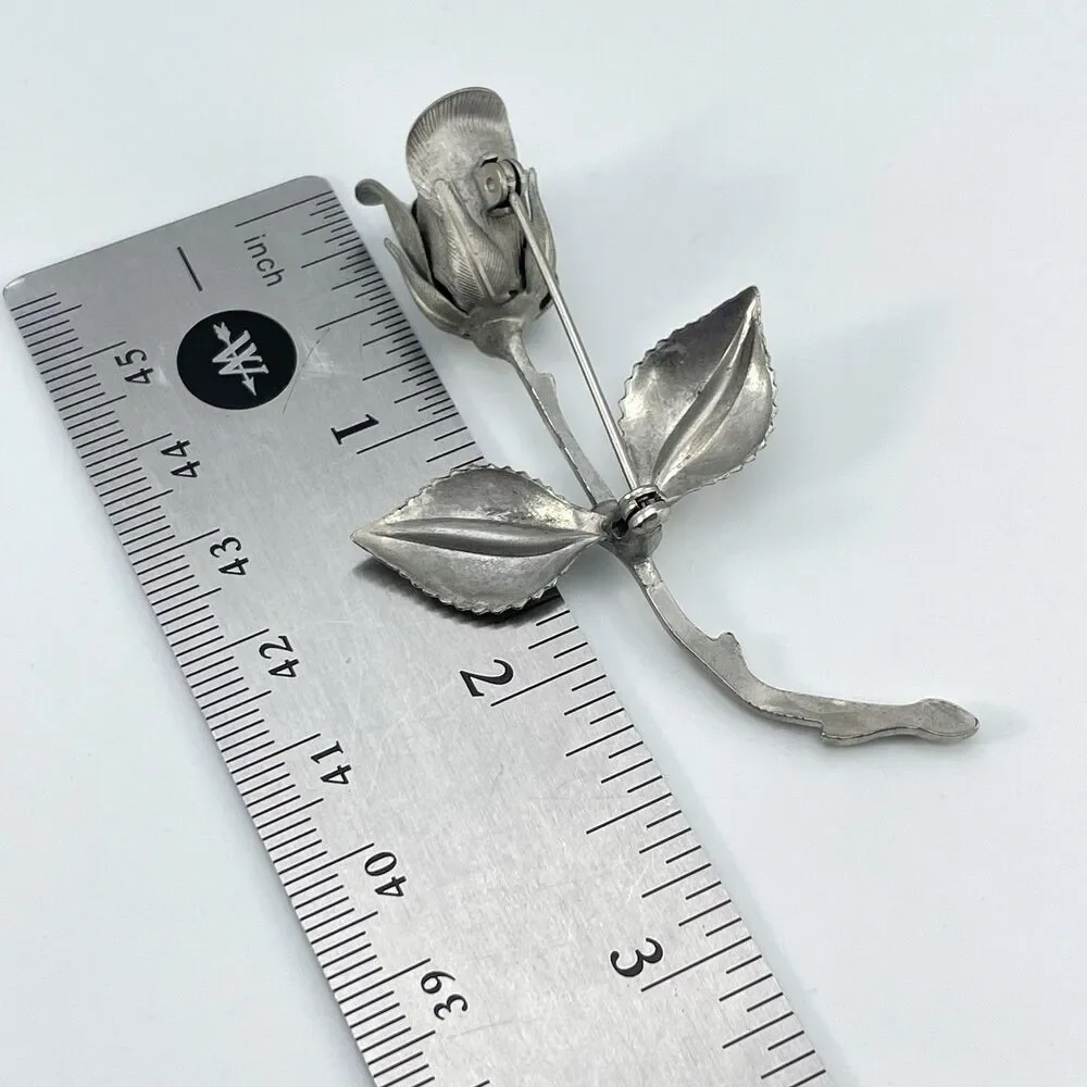Vintage Silver Tone Budding Rose Brooch Flower Brushed Classic Signed 2.75